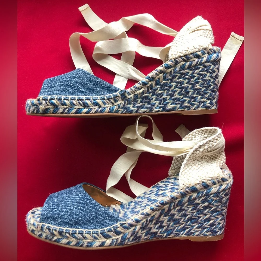 Chloe Blue Denim Espadrille Wedge Sandals with Cream Ankle Ties